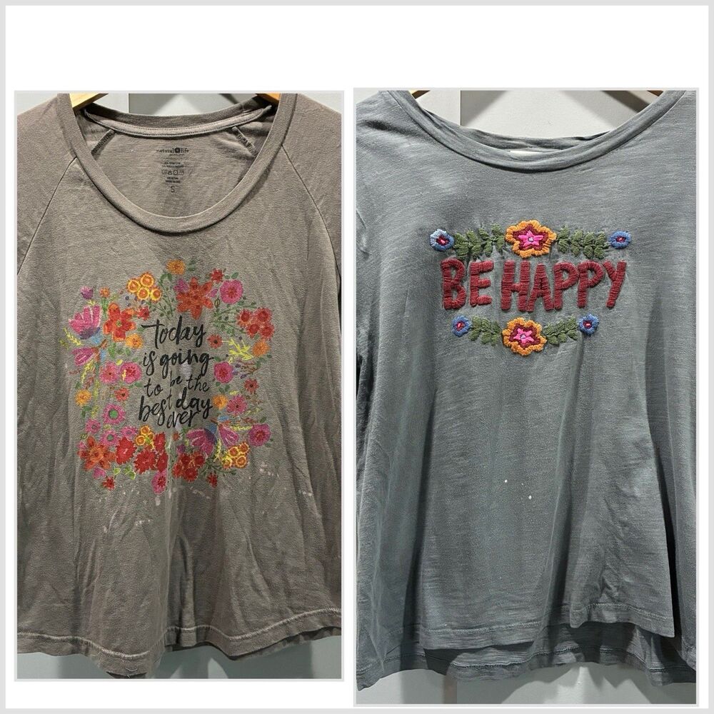 Natural Life 2pc Gray Graphic Tee Bundle S/M Floral Be Happy Best Day Ever
